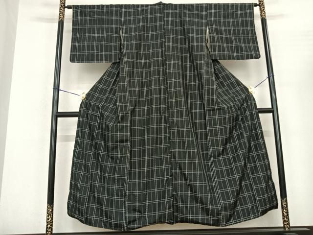 平和屋着物●上質な紬 花織 格子 黒地 正絹 逸品 AABF5442fy