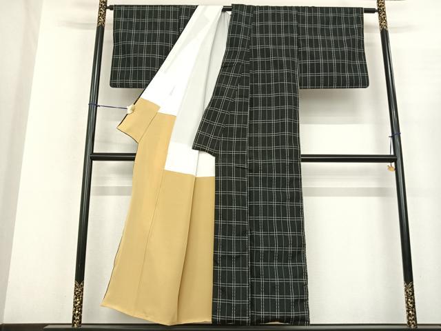 平和屋着物●上質な紬 花織 格子 黒地 正絹 逸品 AABF5442fy