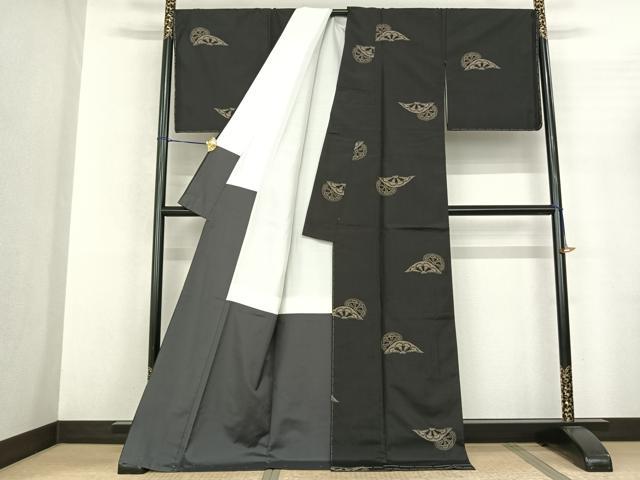 平和屋着物●本場縞大島紬　泥染め　源氏車文　黒地　つむぎ美人謹製　証紙付き　ロング丈　正絹　逸品　未使用　AABF5447fy