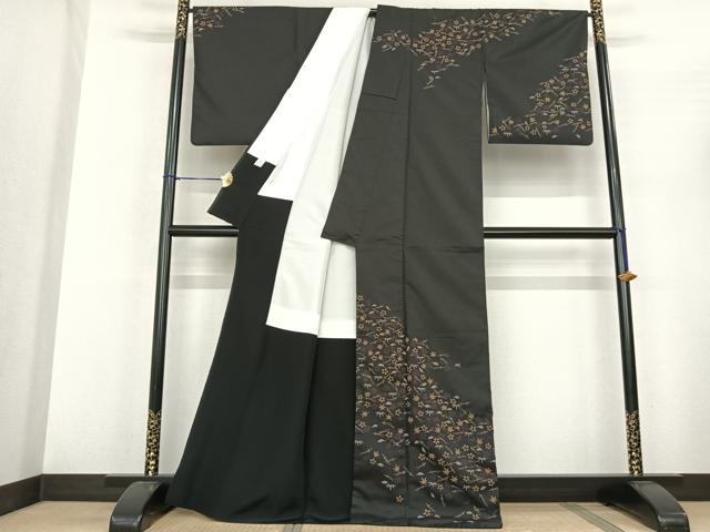 平和屋着物●本場縞大島紬 訪問着 舞花文 黒地 福永織物謹製 証紙付き 正絹 逸品 AABF5457fy