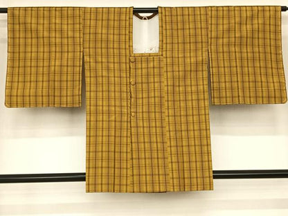 平和屋着物●本場黄八丈 平織 紬 道行コートセット 格子 正絹 逸品 未使用 AABF5460fy