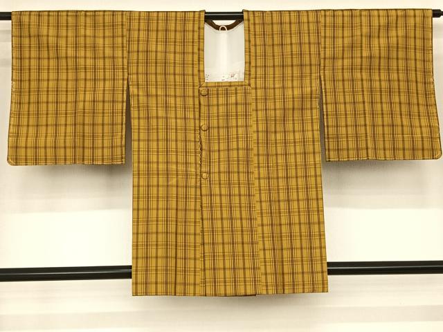 平和屋着物●本場黄八丈 平織 紬 道行コートセット 格子 正絹 逸品 未使用 AABF5460fy