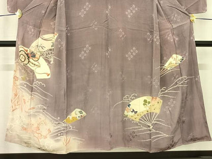 平和屋着物●アンティーク 大正ロマン 色留袖 駒刺繍 扇面花文 暈し染め 正絹 逸品 AABF5474fy