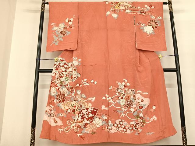 平和屋着物●セミアンティーク 訪問着 扇面花鼓文 金彩 正絹 逸品 AABF5478fy