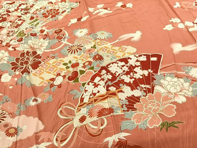 平和屋着物●セミアンティーク 訪問着 扇面花鼓文 金彩 正絹 逸品 AABF5478fy