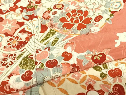 平和屋着物●セミアンティーク 訪問着 扇面花鼓文 金彩 正絹 逸品 AABF5478fy