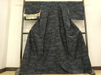 平和屋着物●本場真綿絢結城紬 100亀甲 風景花文 証紙付き ロング丈 正絹 逸品 AABF5484fy