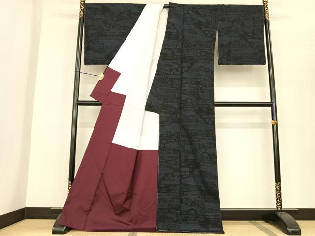 平和屋着物●本場真綿絢結城紬 100亀甲 風景花文 証紙付き ロング丈 正絹 逸品 AABF5484fy