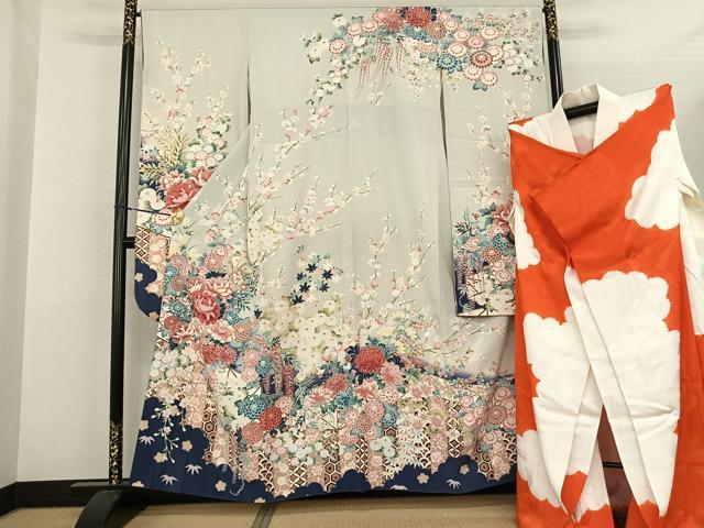 平和屋着物●豪華振袖・長襦袢(袷)セット 草花文 暈し染め 金彩 正絹 逸品 AABF5488fy