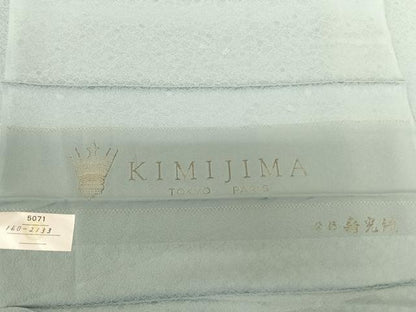 平和屋着物●国際的オートクチュール デザイナー 君島一郎 KIMIJIMA 色無地 寿光織 舞花地紋 水色 反端付き 正絹 逸品 AABF5489fy