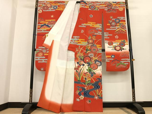 平和屋着物●豪華振袖 型染め 草花文 暈し染め 正絹 逸品 AABF5492fy