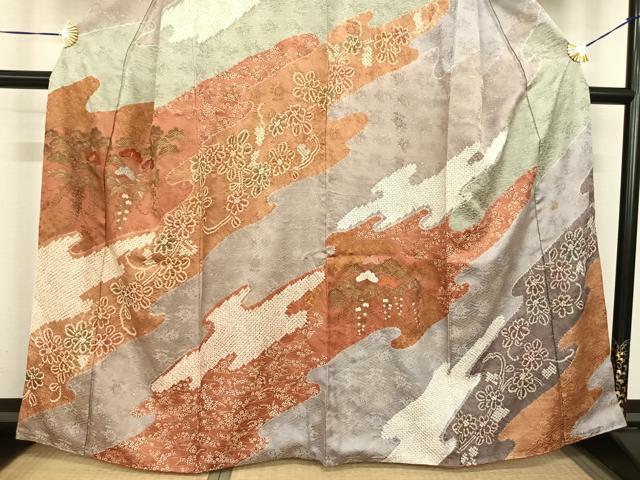 平和屋着物●訪問着 絞り 刺繍 道長花文 暈し染め 金糸 金彩 正絹 逸品 AABF5503fy