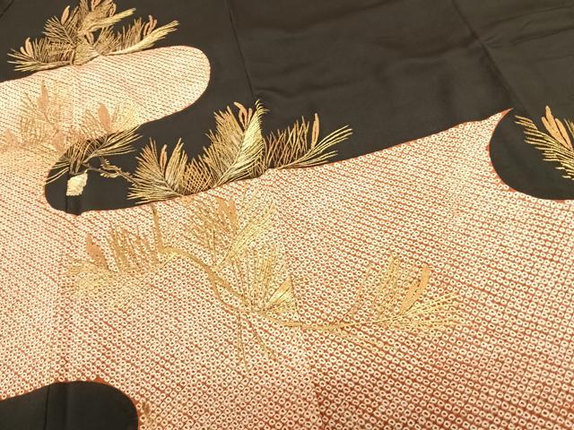 平和屋着物●豪華黒留袖 駒刺繍 絞り 草葉文 正絹 逸品 AABF5507fy
