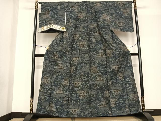 平和屋着物●本真綿結城紬 100亀甲 風景文 証紙付き 正絹 逸品 AABF5510fy