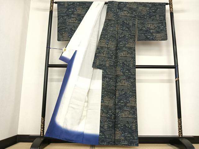 平和屋着物●本真綿結城紬 100亀甲 風景文 証紙付き 正絹 逸品 AABF5510fy