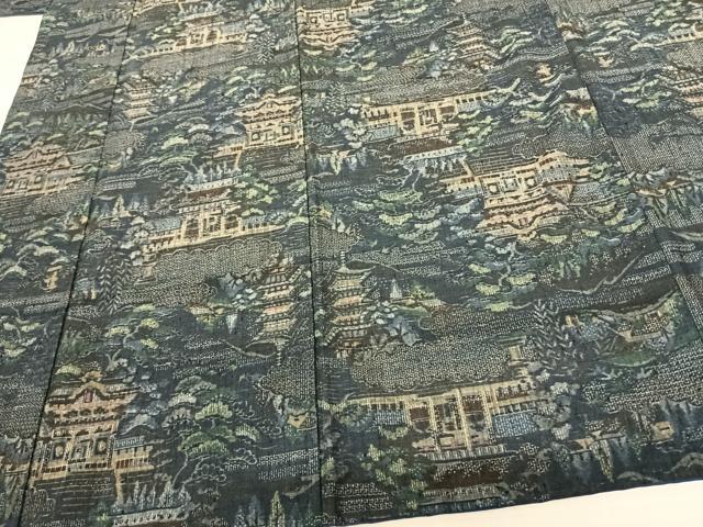 平和屋着物●本真綿結城紬 100亀甲 風景文 証紙付き 正絹 逸品 AABF5510fy