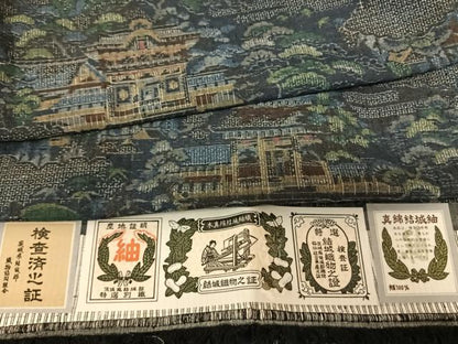 平和屋着物●本真綿結城紬 100亀甲 風景文 証紙付き 正絹 逸品 AABF5510fy