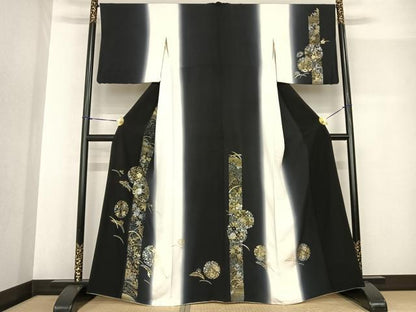 平和屋着物●訪問着 駒刺繍 雪輪花文 暈し染め 黒地 金銀彩 正絹 逸品 AABF5520fy