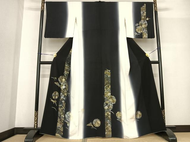 平和屋着物●訪問着 駒刺繍 雪輪花文 暈し染め 黒地 金銀彩 正絹 逸品 AABF5520fy