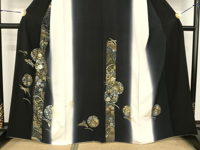 平和屋着物●訪問着 駒刺繍 雪輪花文 暈し染め 黒地 金銀彩 正絹 逸品 AABF5520fy
