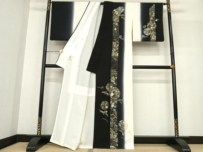 平和屋着物●訪問着 駒刺繍 雪輪花文 暈し染め 黒地 金銀彩 正絹 逸品 AABF5520fy