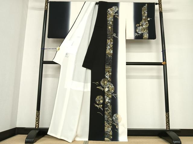 平和屋着物●訪問着 駒刺繍 雪輪花文 暈し染め 黒地 金銀彩 正絹 逸品 AABF5520fy