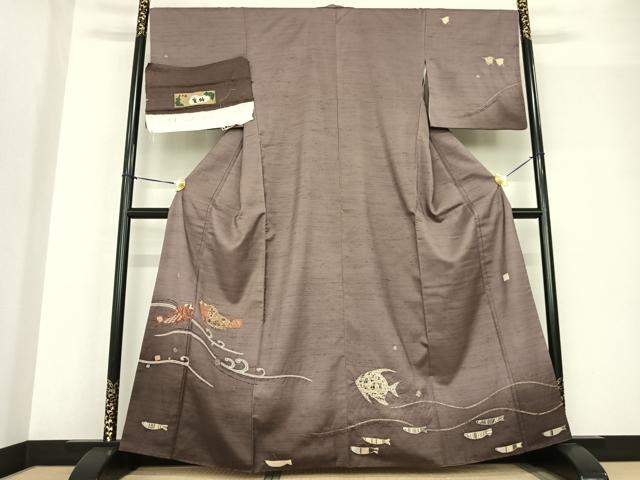 平和屋着物●小千谷紬 生紬 訪問着 作家物 絞り 魚 やまと誂製 反端付き 正絹 逸品 AABF5528fy