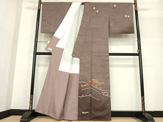 平和屋着物●小千谷紬 生紬 訪問着 作家物 絞り 魚 やまと誂製 反端付き 正絹 逸品 AABF5528fy