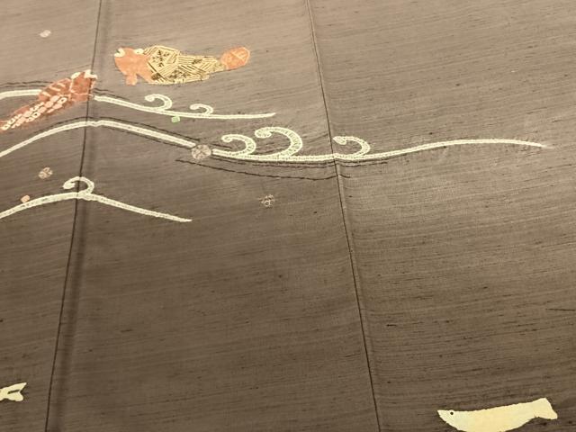 平和屋着物●小千谷紬 生紬 訪問着 作家物 絞り 魚 やまと誂製 反端付き 正絹 逸品 AABF5528fy