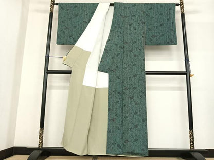 平和屋着物●上質な小紋 型染め 扇面花文 鬼しぼ縮緬 正絹 逸品 AABF5533fy