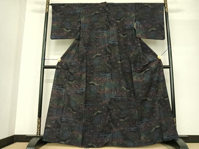 平和屋着物▽上質な紬 単衣 風景花文 正絹 逸品 AABF5564fy