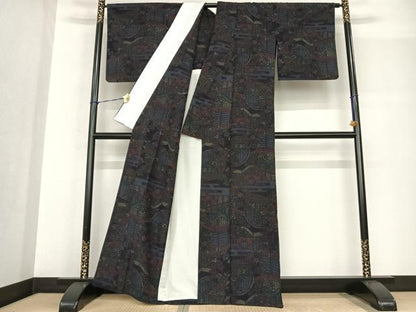平和屋着物▽上質な紬 単衣 風景花文 正絹 逸品 AABF5564fy