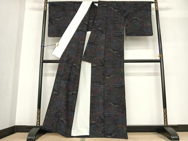 平和屋着物▽上質な紬 単衣 風景花文 正絹 逸品 AABF5564fy