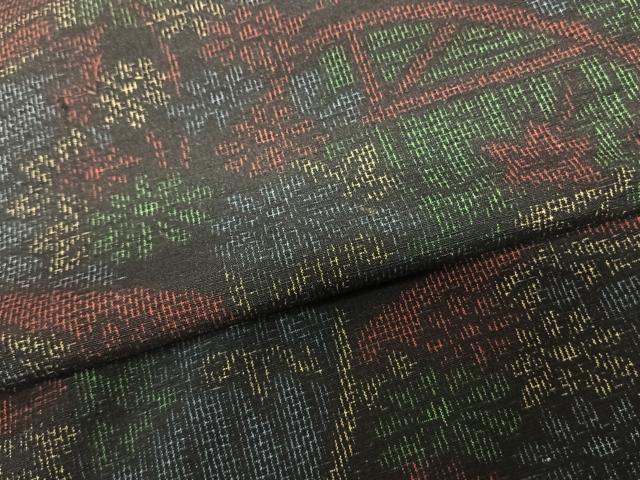 平和屋着物▽上質な紬 単衣 風景花文 正絹 逸品 AABF5564fy