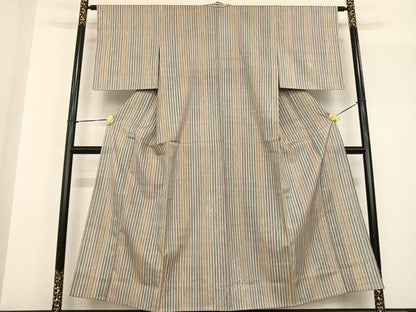 平和屋着物▽上質な紬 単衣 縞 正絹 逸品 AABF5568fy