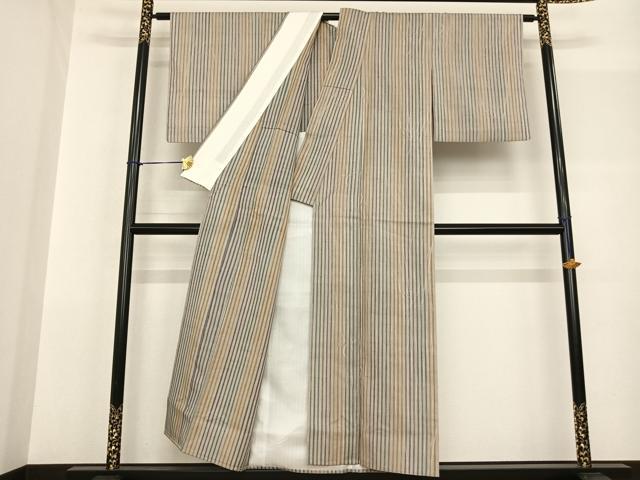 平和屋着物▽上質な紬 単衣 縞 正絹 逸品 AABF5568fy