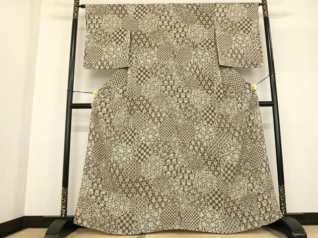 平和屋着物▽上質な小紋 単衣 切嵌花文 鬼しぼ縮緬 正絹 逸品 AABF5573fy