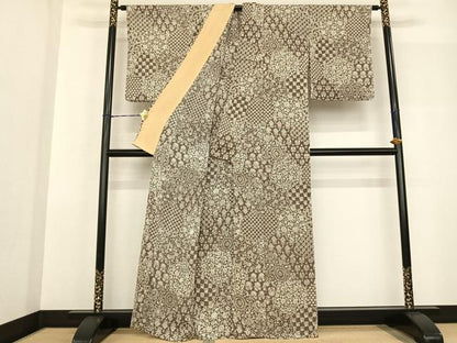 平和屋着物▽上質な小紋 単衣 切嵌花文 鬼しぼ縮緬 正絹 逸品 AABF5573fy