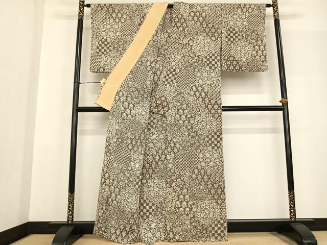 平和屋着物▽上質な小紋 単衣 切嵌花文 鬼しぼ縮緬 正絹 逸品 AABF5573fy