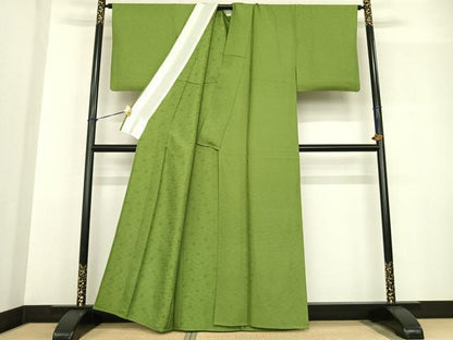 平和屋着物▽上質な色無地 単衣 お召地 舞花地紋 青丹色 正絹 逸品 AABF5574fy