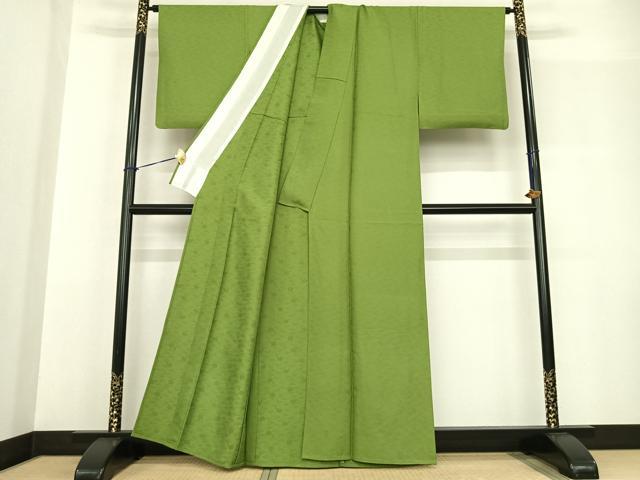 平和屋着物▽上質な色無地 単衣 お召地 舞花地紋 青丹色 正絹 逸品 AABF5574fy
