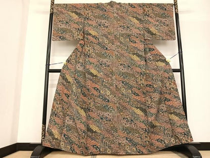 平和屋着物▽上質な紬　単衣　切嵌花文　正絹　逸品　AABF5575fy