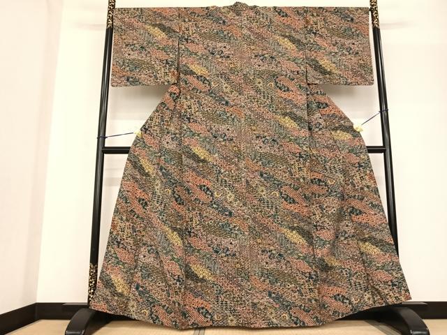 平和屋着物▽上質な紬　単衣　切嵌花文　正絹　逸品　AABF5575fy
