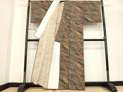 平和屋着物▽上質な紬　単衣　切嵌花文　正絹　逸品　AABF5575fy