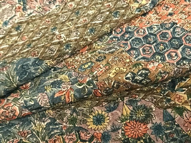 平和屋着物▽上質な紬　単衣　切嵌花文　正絹　逸品　AABF5575fy