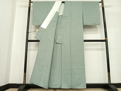 平和屋着物▽上質な色無地 単衣 花尽くし地紋 錆青磁色 正絹 逸品 AABF5576fy