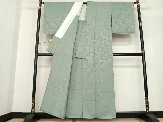 平和屋着物▽上質な色無地 単衣 花尽くし地紋 錆青磁色 正絹 逸品 AABF5576fy
