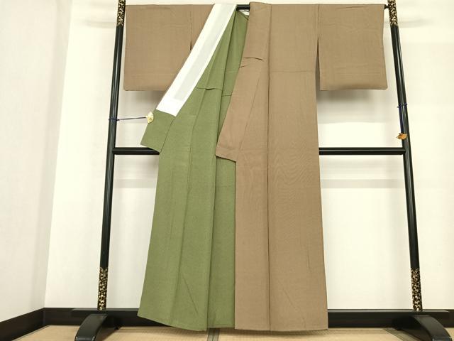平和屋着物▽江戸小紋 単衣 万筋 茶色×ベージュ色 正絹 逸品 AABF5577fy