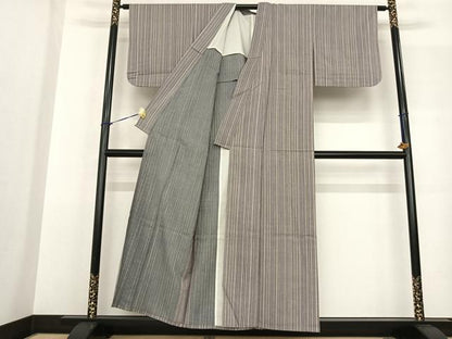 平和屋着物▽上質な紬 単衣 縞 正絹 逸品 AABF5580fy