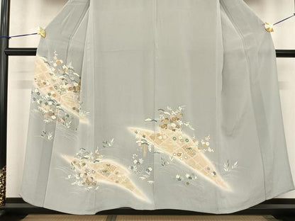 平和屋着物▽訪問着 単衣 刺繍 風景花文 暈し染め 金彩 鬼しぼ縮緬 古代ちりめん 小田急百貨店扱い 反端付き 正絹 逸品 AABF5581fy